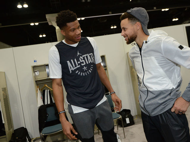 LOS ANGELES, CA - FEBRUARY 17: Giannis Antetokounmpo #34 of team Stephen and Stephen Curry #30 of team Stephen talk before the 2018 NBA All Star Practice as part of 2018 All-Star Weekend at Verizon Up Arena at LACC on February 17, 2018 in Los Angeles, California. NOTE TO USER: User expressly acknowledges and agrees that, by downloading and/or using this photograph, user is consenting to the terms and conditions of the Getty Images License Agreement. Mandatory Copyright Notice: Copyright 2018 NBAE