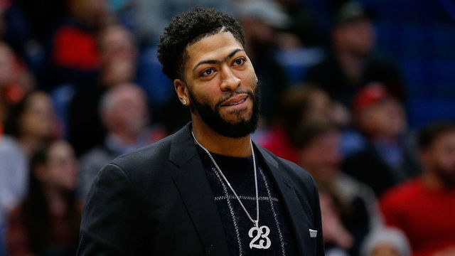 NEW ORLEANS, LOUISIANA - JANUARY 30: Injured Anthony Davis of the New Orleans Pelicans reacts during the first half against the Denver Nuggets at the Smoothie King Center on January 30, 2019 in New Orleans, Louisiana.