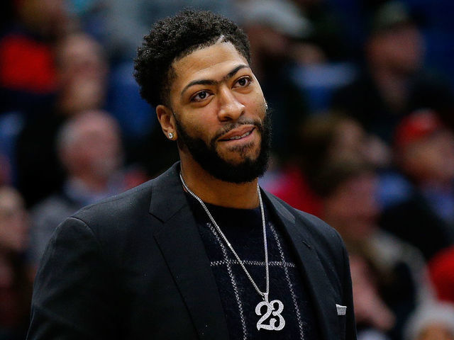 NEW ORLEANS, LOUISIANA - JANUARY 30: Injured Anthony Davis of the New Orleans Pelicans reacts during the first half against the Denver Nuggets at the Smoothie King Center on January 30, 2019 in New Orleans, Louisiana.