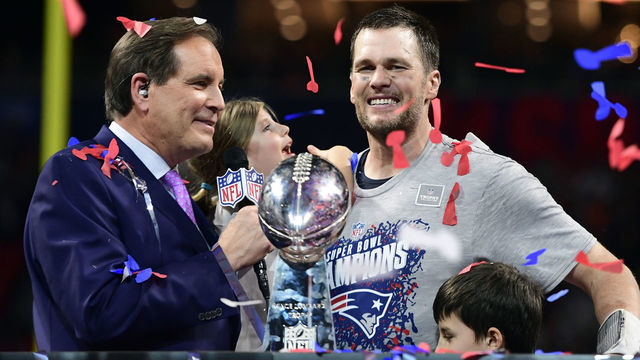 ATLANTA, GA - FEBRUARY 3: Tom Brady #12 of the New England Patriots celebrates his sixth Super Bowl victory with a win over the Los Angeles Rams in Super Bowl LIII at Mercedes-Benz Stadium in Atlanta, Georgia on February 3, 2019. (Staff Photo By Christopher Evans/MediaNews Group/Boston Herald)