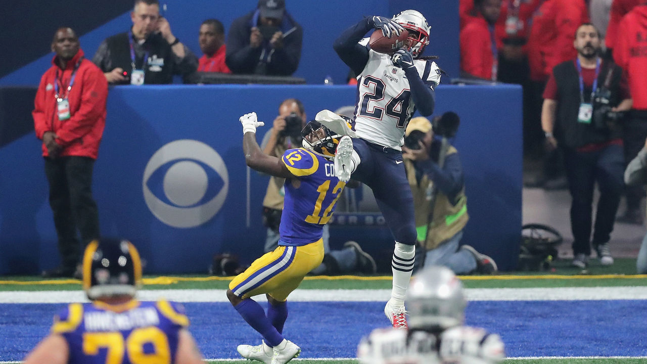 ATLANTA, GA - FEBRUARY 03: Stephon Gilmore #24 of the New England Patriots makes an interception in the fourth quarter during Super Bowl LIII against the Los Angeles Rams at Mercedes-Benz Stadium on February 3, 2019 in Atlanta, Georgia.