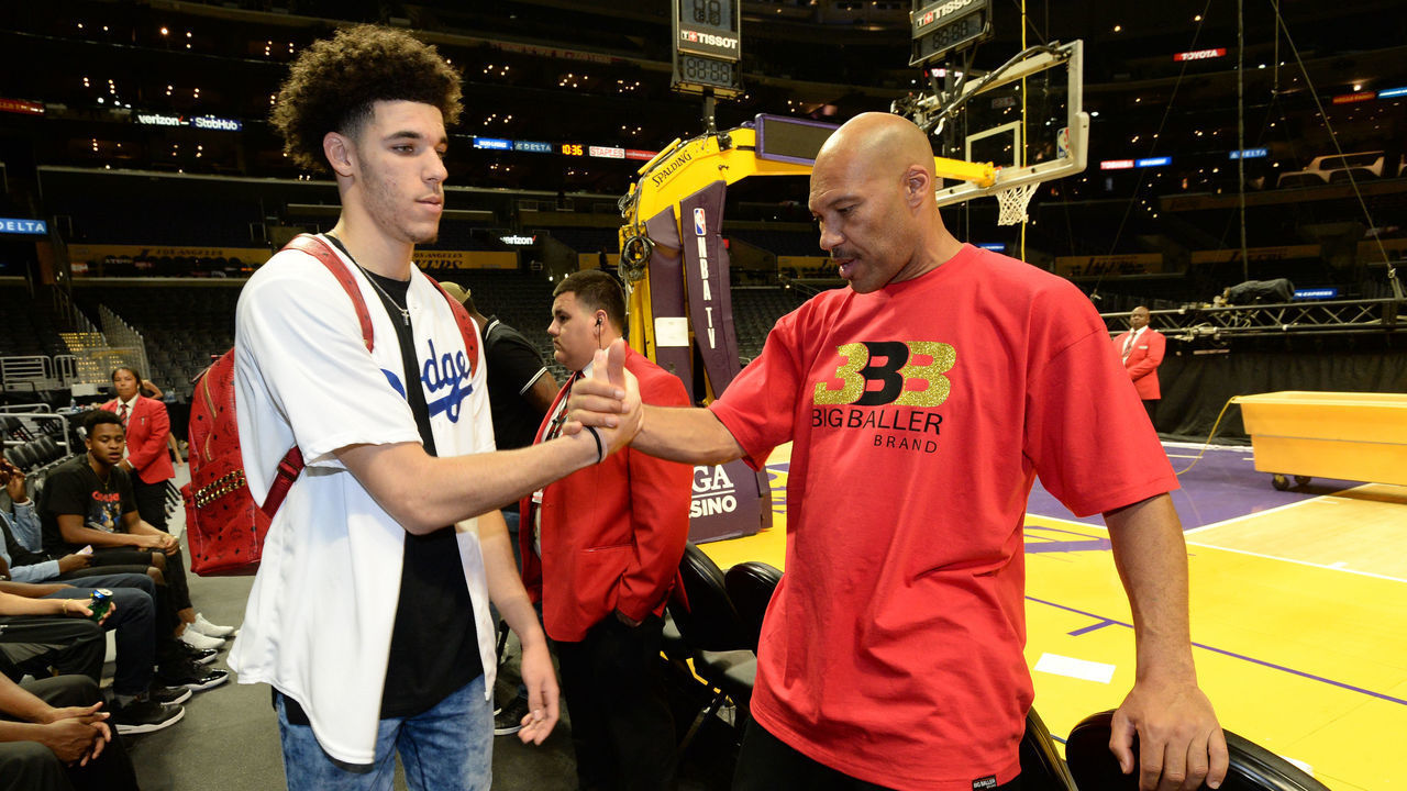 LOS ANGELES, CA - OCTOBER 19: Lonzo Ball #2 of the Los Angeles Lakers and LaVar Ball after the game against the LA Clippers on October 19, 2017 at STAPLES Center in Los Angeles, California. NOTE TO USER: User expressly acknowledges and agrees that, by downloading and/or using this Photograph, user is consenting to the terms and conditions of the Getty Images License Agreement. Mandatory Copyright Notice: Copyright 2017 NBAE