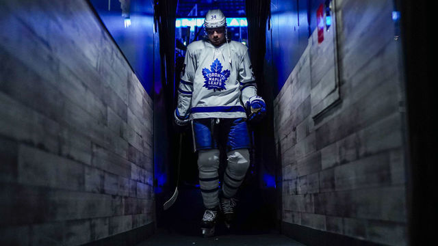 TORONTO, ON - FEBRUARY 4: Auston Matthews #34 of the Toronto Maple Leafs heads to the locker room before facing the Anaheim Ducks at the Scotiabank Arena on February 4, 2019 in Toronto, Ontario, Canada.