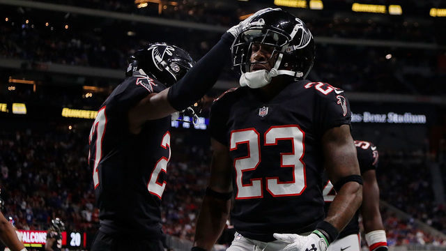 ATLANTA, GA - OCTOBER 22: Robert Alford #23 of the Atlanta Falcons celebrates after breaking a two point conversion intended for Odell Beckham Jr. #13 of the New York Giants during the fourth quarter against the New York Giants at Mercedes-Benz Stadium on October 22, 2018 in Atlanta, Georgia.