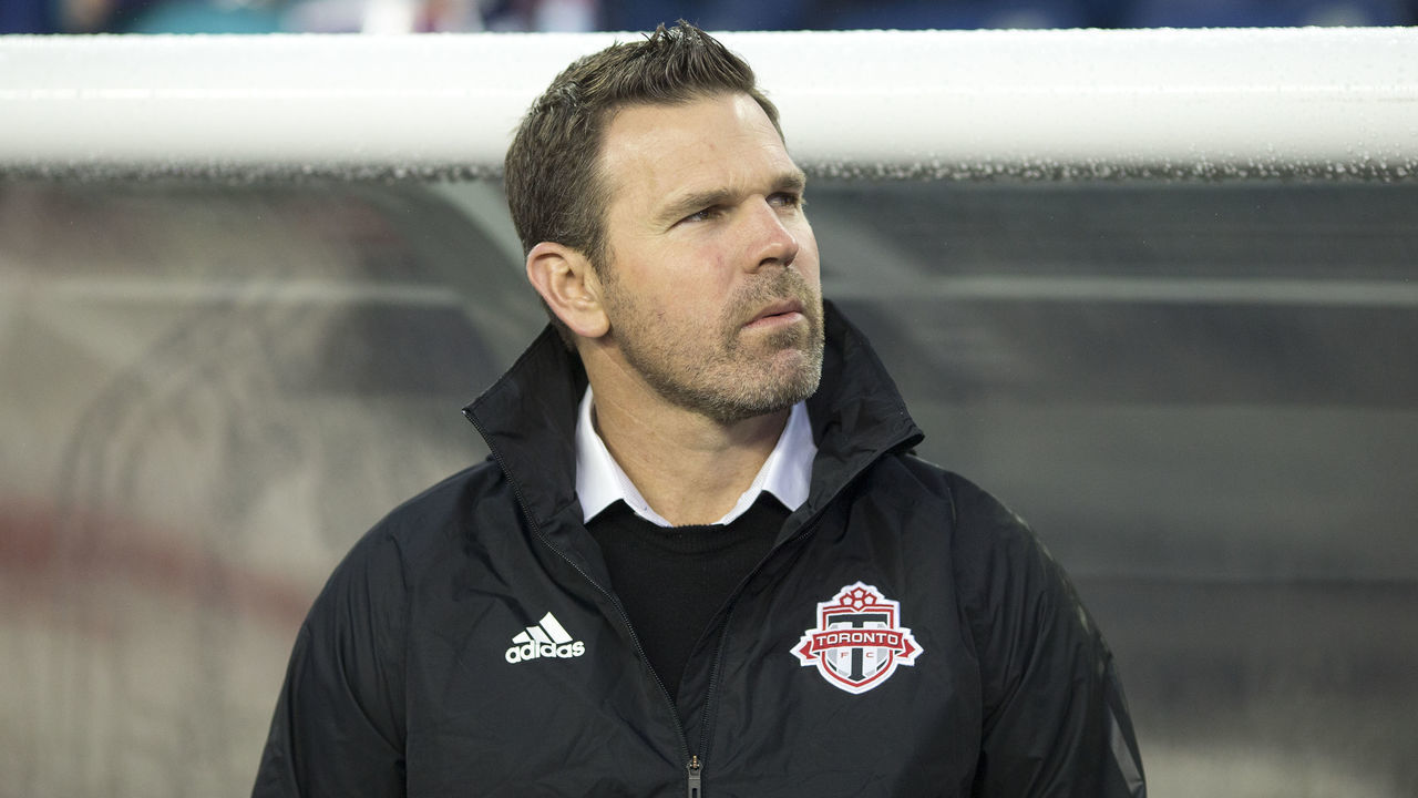FOXBOROUGH, MASSACHUSETTS - May 12: Greg Vanney, head coach of Toronto FC on the sideline during the New England Revolution Vs Toronto FC regular season MLS game at Gillette Stadium on May 12, 2018 in Foxborough, Massachusetts.