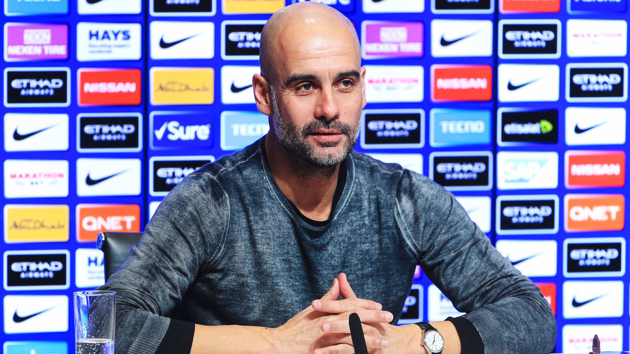 MANCHESTER, ENGLAND - FEBRUARY 05: Pep Guardiola, manager of Manchester City speaks during the press conference at Manchester City Football Academy on February 5, 2019 in Manchester, England.