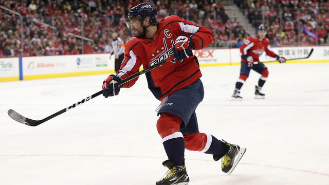 WASHINGTON, DC - JANUARY 22: Alex Ovechkin #8 of the Washington Capitals in action against the San Jose Sharks at Capital One Arena on January 22, 2019 in Washington, DC.