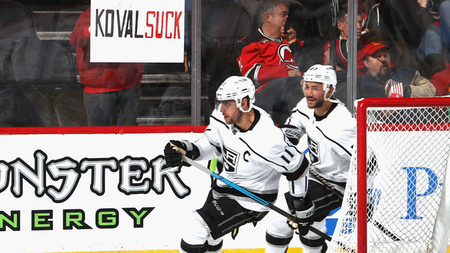 NEWARK, NEW JERSEY - FEBRUARY 05: A fan holds a sign aimed at Ilya Kovalchuk #17 of the Los Angeles Kings prior to the game against the New Jersey Devils at the Prudential Center on February 05, 2019 in Newark, New Jersey.