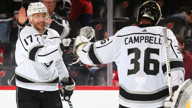 NEWARK, NJ - FEBRUARY 05: Ilya Kovalchuk #17 of the Los Angeles Kings is congratulated by teammate Jack Campbell #36 after scoring a goal during the third period against the New Jersey Devils at the Prudential Center on February 5, 2019 in Newark, New Jersey. The Kings defeated the Devils 5-1.