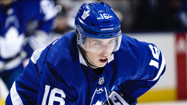 TORONTO, ON - JANUARY 20: Mitchell Marner #16 of the Toronto Maple Leafs waits on a face off against the Arizona Coyotes during the third period at the Scotiabank Arena on January 20, 2019 in Toronto, Ontario, Canada.