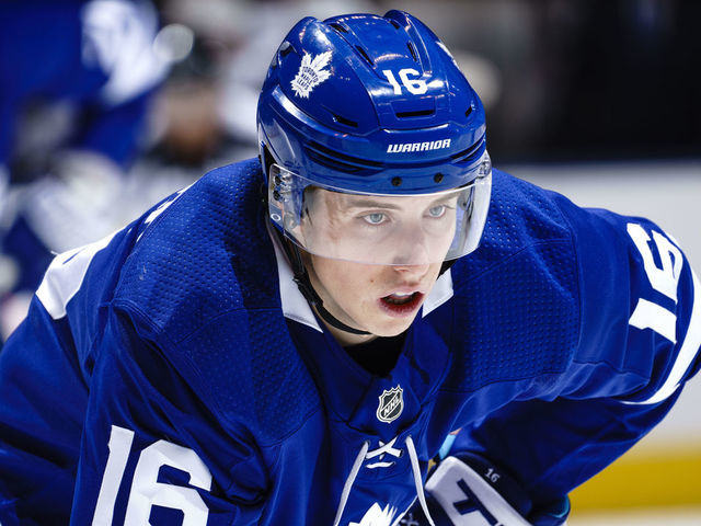 TORONTO, ON - JANUARY 20: Mitchell Marner #16 of the Toronto Maple Leafs waits on a face off against the Arizona Coyotes during the third period at the Scotiabank Arena on January 20, 2019 in Toronto, Ontario, Canada.