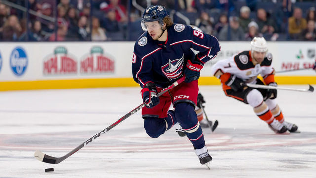 COLUMBUS, OH - DECEMBER 15: Columbus Blue Jackets left wing Artemi Panarin (9) sprints with the puck in a game between the Columbus Blue Jackets and the Anaheim Ducks on December 15, 2018 at Nationwide Arena in Columbus, OH.