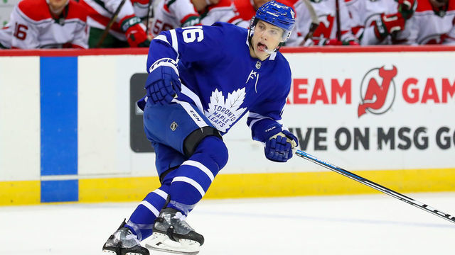 NEWARK, NJ - JANUARY 10: Toronto Maple Leafs right wing Mitchell Marner (16) skates during the National Hockey League game between the New Jersey Devils and the Toronto Maple Leafs on January 10, 2019 at the Prudential Center in Newark, NJ.