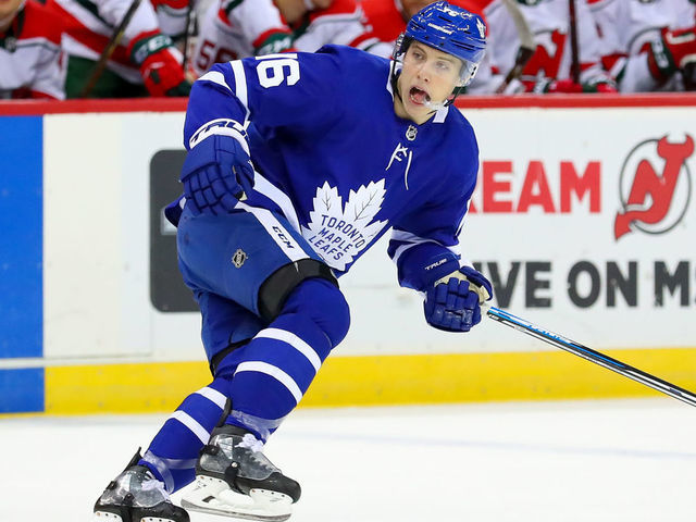 NEWARK, NJ - JANUARY 10: Toronto Maple Leafs right wing Mitchell Marner (16) skates during the National Hockey League game between the New Jersey Devils and the Toronto Maple Leafs on January 10, 2019 at the Prudential Center in Newark, NJ.