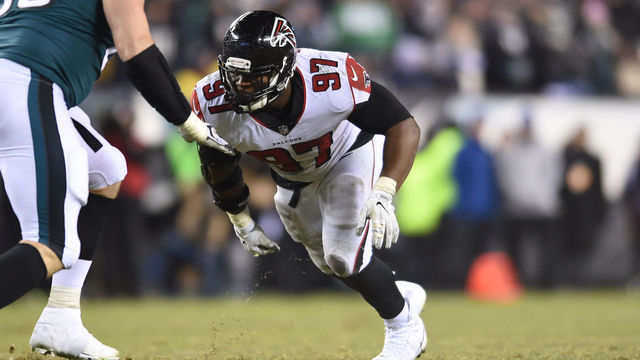 PHILADELPHIA, PA - JANUARY 13: Atlanta Falcons defensive tackle Grady Jarrett (97) rushes the pocket during the NFC Divisional Playoff game between the Philadelphia Eagles and the Atlanta Falcons on January 13, 2017 at Lincoln Financial Field in Philadelphia, PA. Eagles won 15-10.