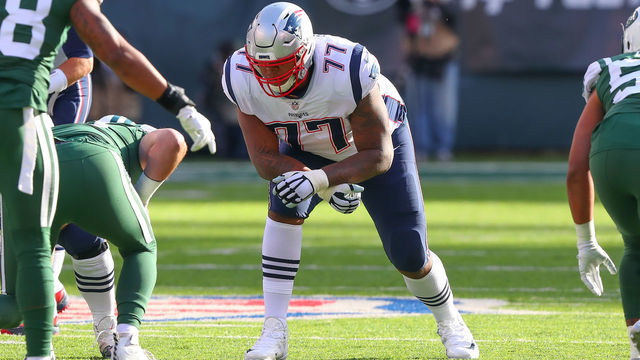 EAST RUTHERFORD, NJ - NOVEMBER 25: New England Patriots offensive tackle Trent Brown (77) during the National Football League game between the New England Patriots and the New York Jets on November 25, 2018 at MetLife Stadium in East Rutherford, NJ.