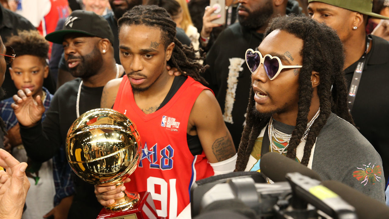 LOS ANGELES, CA - FEBRUARY 16: Actor Quavo holds the MVP trophy during the 2018 NBA All-Star Game Celebrity Game as part of 2018 NBA All-Star Weekend on February 16, 2018 at Verizon Up Arena in the Los Angeles Convention Center in Los Angeles, California. NOTE TO USER: User expressly acknowledges and agrees that, by downloading and/or using this photograph, user is consenting to the terms and conditions of the Getty Images License Agreement. Mandatory Copyright Notice: Copyright 2018 NBAE