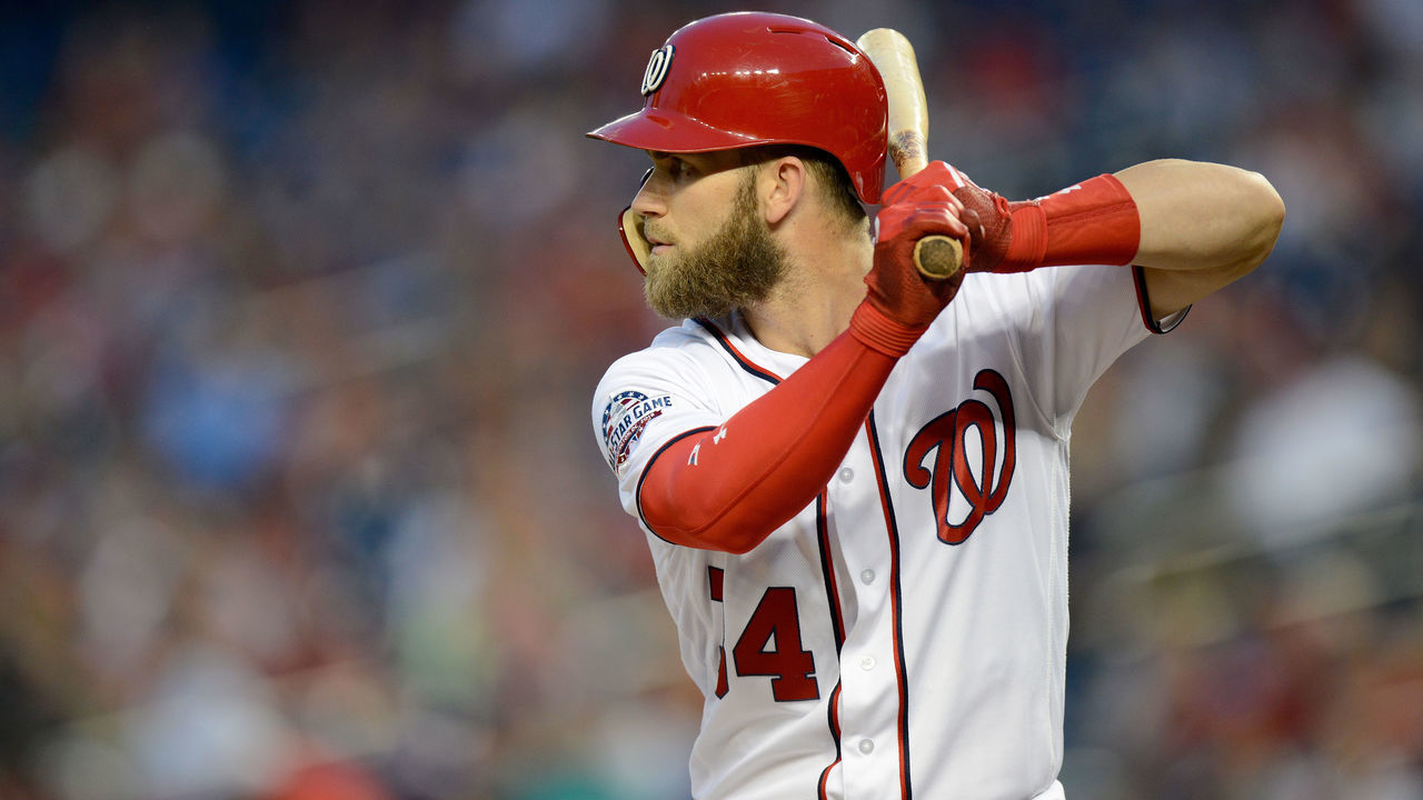 WASHINGTON, DC - SEPTEMBER 06: Bryce Harper #34 of the Washington Nationals bats against the Chicago Cubs at Nationals Park on September 6, 2018 in Washington, DC.