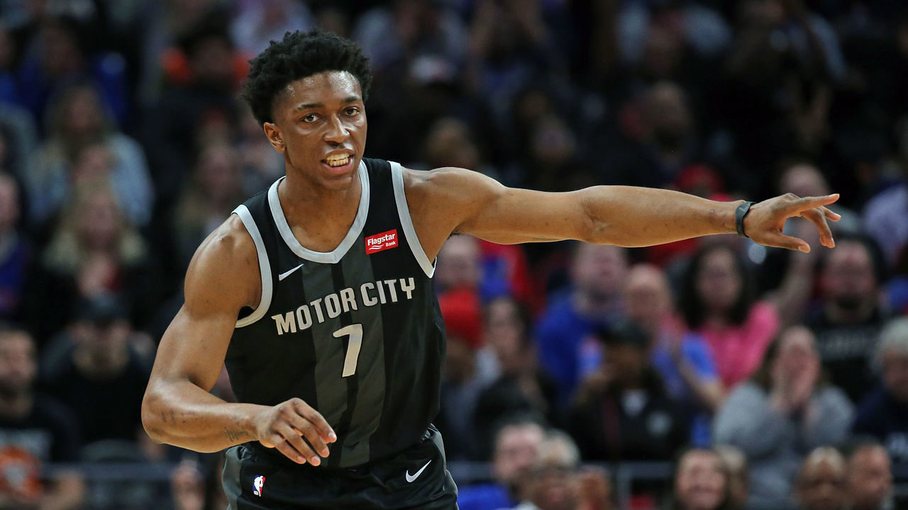 DETROIT, MI - JANUARY 18: Stanley Johnson #7 of the Detroit Pistons points to the bench after making a three point shot during the second quarter of the game against the Miami Heat at Little Caesars Arena on January 18, 2019 in Detroit, Michigan.