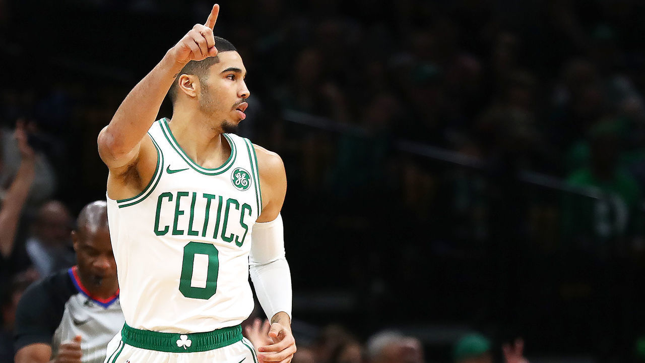 BOSTON, MASSACHUSETTS - JANUARY 30: Jayson Tatum #0 of the Boston Celtics celebrates after scoring against the Charlotte Hornets during the first half at TD Garden on January 30, 2019 in Boston, Massachusetts.