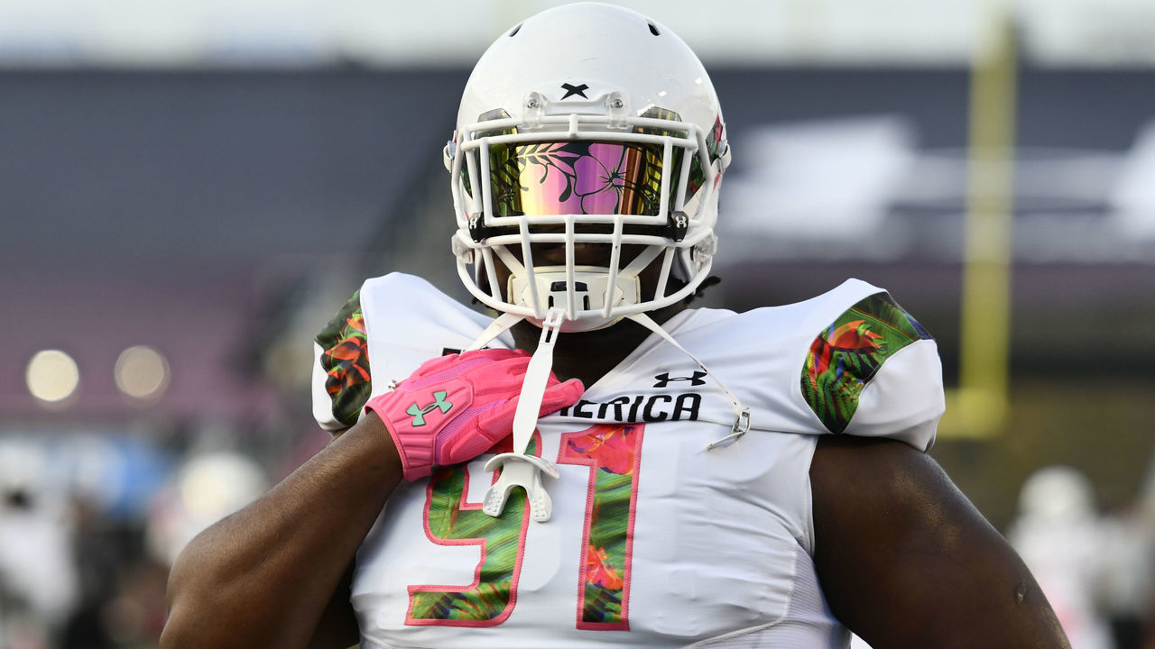 ORLANDO, FL - JANUARY 03: Team Flash defensive tackle Ishmael Sopsher (91) prior to the Under Armour All-America Game between Team Flash and Team Ballaholics on January 03, 2019, at Camping World Stadium in Orlando, FL.