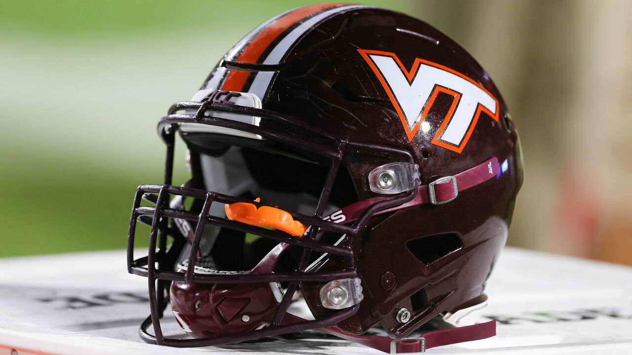 DURHAM, NC - SEPTEMBER 29: A Virginia Tech Hokies helmet on the sidelines during the game against the Duke Blue Devils on September 29, 2018 at Wallace Wade Stadium in Durham, NC.