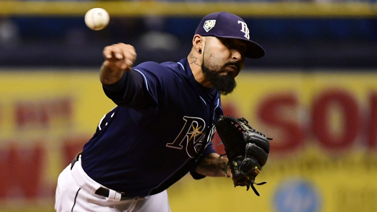 ST PETERSBURG, FL - SEPTEMBER 29: Sergio Romo #54 of the Tampa Bay Rays throws a pitch during the ninth inning against the Toronto Blue Jays on September 29, 2018 at Tropicana Field in St Petersburg, Florida.