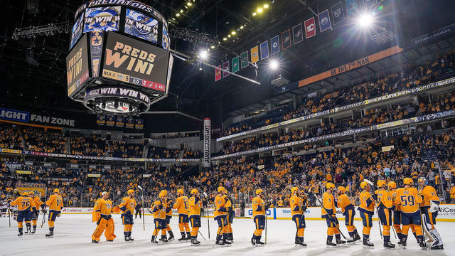NASHVILLE, TN - FEBRUARY 5: The Nashville Predators celebrate a 5-2 win against the Arizona Coyotes at Bridgestone Arena on February 5, 2019 in Nashville, Tennessee.