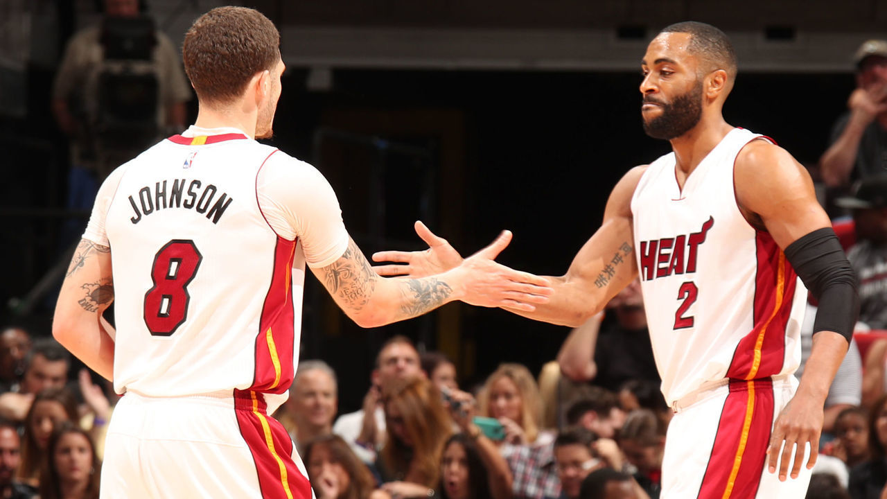 MIAMI, FL - FEBRUARY 4: Tyler Johnson #8 and Wayne Ellington #2 of the Miami Heat high-five during a game against the Philadelphia 76ers on February 4, 2017 at American Airlines Arena in Miami, Florida. NOTE TO USER: User expressly acknowledges and agrees that, by downloading and/or using this photograph, user is consenting to the terms and conditions of the Getty Images License Agreement. Mandatory Copyright Notice: Copyright 2017 NBAE