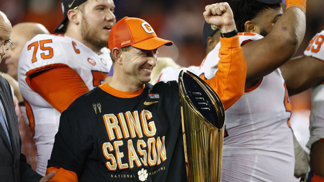 SANTA CLARA, CA - JANUARY 7: Clemson head coach Dabo Swinney celebrates after Clemson beat Alabama 44-16 to win the College Football Playoff National Championship at Levi's Stadium in Santa Clara, Calif., on Monday, Jan. 7, 2019.
