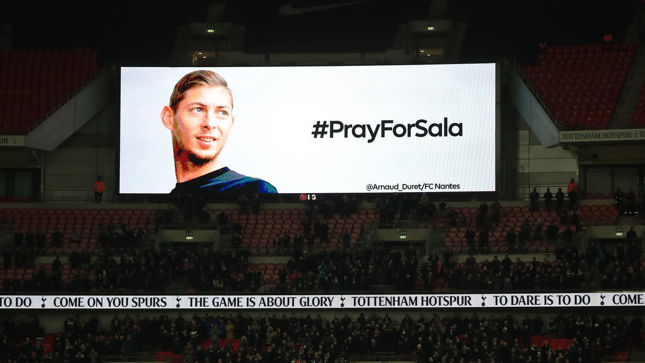The big screen paying tribute to Emiliano Sala before the Premier League match at Wembley Stadium, London.