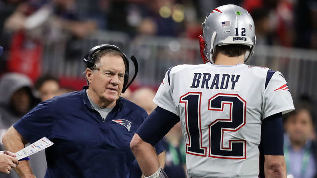 ATLANTA, GA - FEBRUARY 3: New England Patriots head coach Bill Belichick talks with Tom Brady during the first quarter. The New England Patriots play the Los Angeles Rams in Super Bowl LIII at Mercedes-Benz Stadium in Atlanta on Feb. 03, 2019.