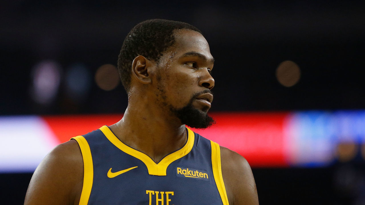OAKLAND, CA - JANUARY 31: Kevin Durant #35 of the Golden State Warriors looks on during the game against the Philadelphia 76ers at ORACLE Arena on January 31, 2019 in Oakland, California.