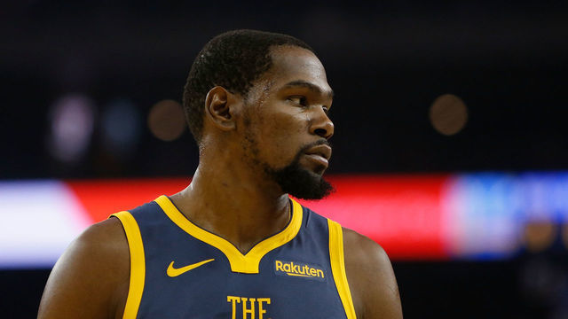 OAKLAND, CA - JANUARY 31: Kevin Durant #35 of the Golden State Warriors looks on during the game against the Philadelphia 76ers at ORACLE Arena on January 31, 2019 in Oakland, California.