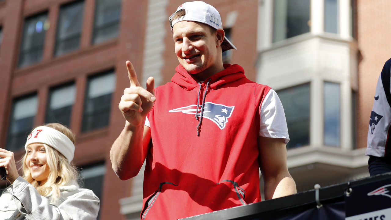 BOSTON, MA - FEBRUARY 05: New England Patriots tight end Rob Gronkowski (87) during the New England Patriots Super Bowl Victory Parade on February 5. 2019, through the streets of Boston, Massachusetts.
