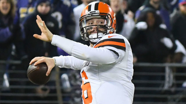 BALTIMORE, MD - DECEMBER 30, 2018: Quarterback Baker Mayfield #6 of the Cleveland Browns throws a pass in the second quarter of a game against the Baltimore Ravens on December 30, 2018 at M&T Bank Stadium in Baltimore, Maryland. Baltimore won 26-24. (Photo by: 2018 Nick Cammett/Diamond Images/Getty Images)
