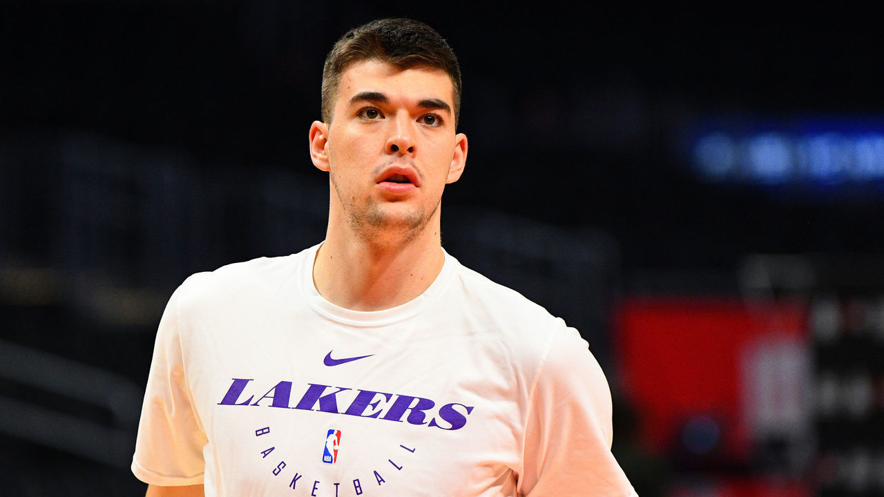 LOS ANGELES, CA - JANUARY 31: Los Angeles Lakers Center Ivica Zubac (40) looks on before a NBA game between the Los Angeles Lakers and the Los Angeles Clippers on January 31, 2019 at STAPLES Center in Los Angeles, CA.