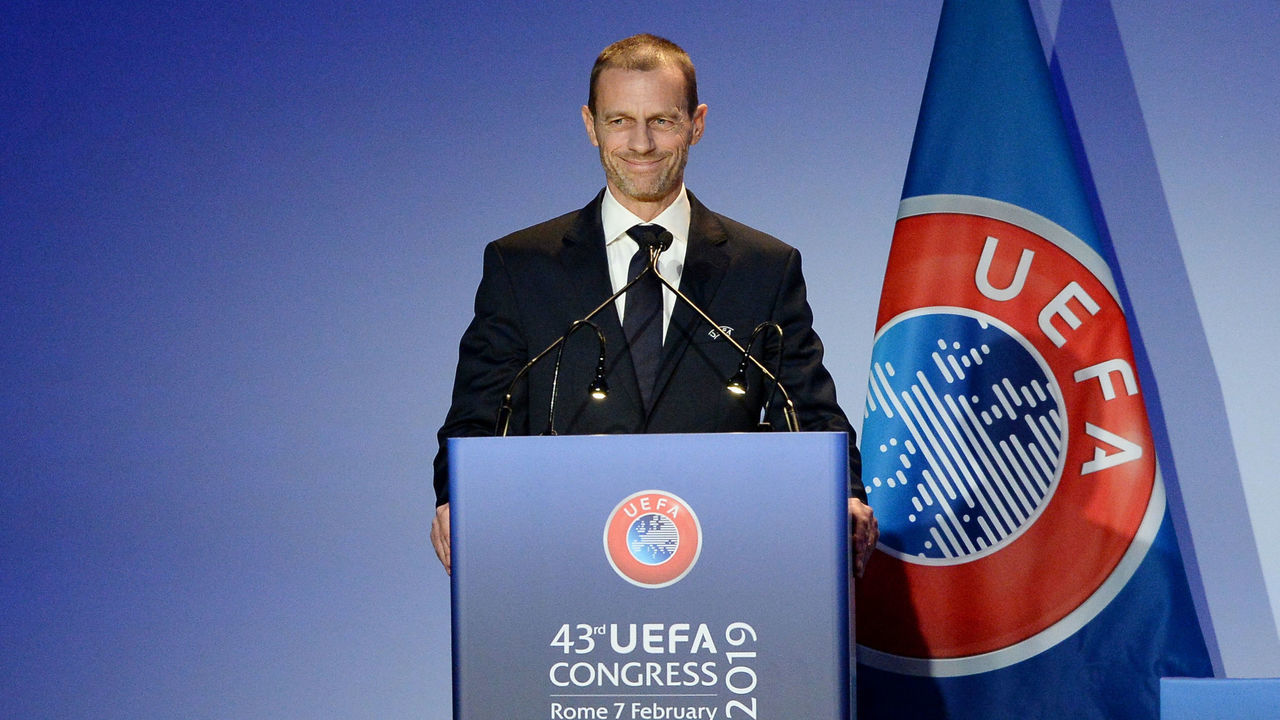 ROME, ITALY - FEBRUARY 07: UEFA President Aleksander Ceferin speaking during the UEFA Congress at Hotel Cavalieri on February 7, 2019 in Rome, Italy.