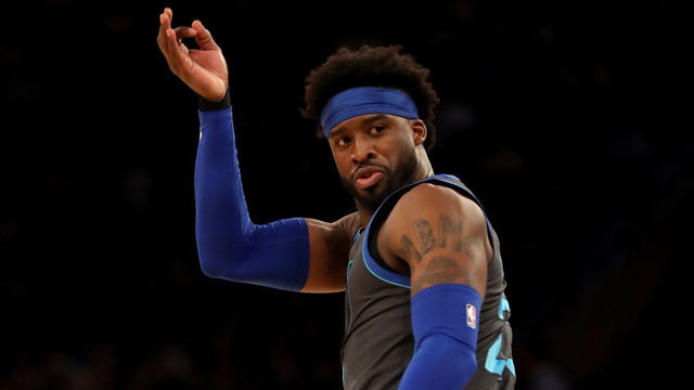 NEW YORK, NEW YORK - JANUARY 30: Wesley Matthews #23 of the Dallas Mavericks celebrates his three point shot in the first quarter against the New York Knicks at Madison Square Garden on January 30, 2019 in New York City.