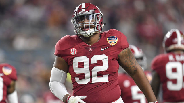 MIAMI GARDENS, FL - DECEMBER 29: Alabama defensive lineman Quinnen Williams (92) during the first half of the CFP Semifinal at the Orange Bowl between Alabama Crimson Tide and the Oklahoma Sooners on December 29, 2018, at Hard Rock Stadium in Miami Gardens, FL.