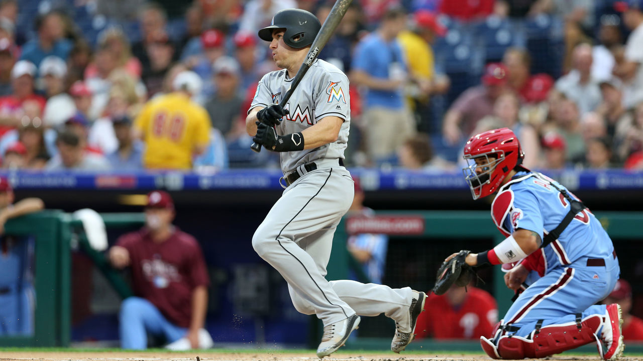 PHILADELPHIA, PA - AUGUST 02: J.T. Realmuto #11 of the Miami Marlins bats during the game against the Philadelphia Phillies at Citizens Bank Park on August 2, 2018 in Philadelphia, PA. The Phillies defeated the Marlins 5-2.