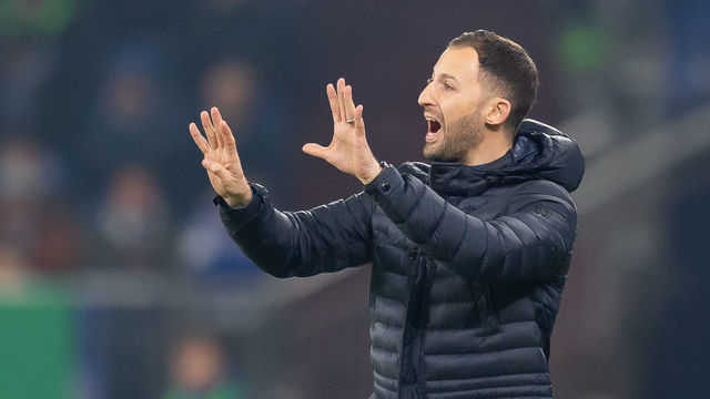 GELSENKIRCHEN, GERMANY - FEBRUARY 06: head coach Domenico Tedesco of Schalke 04 gestures during the DFB Pokal Cup match between FC Schalke 04 and Fortuna Duesseldorf at Veltins-Arena on February 06, 2019 in Gelsenkirchen, Germany.