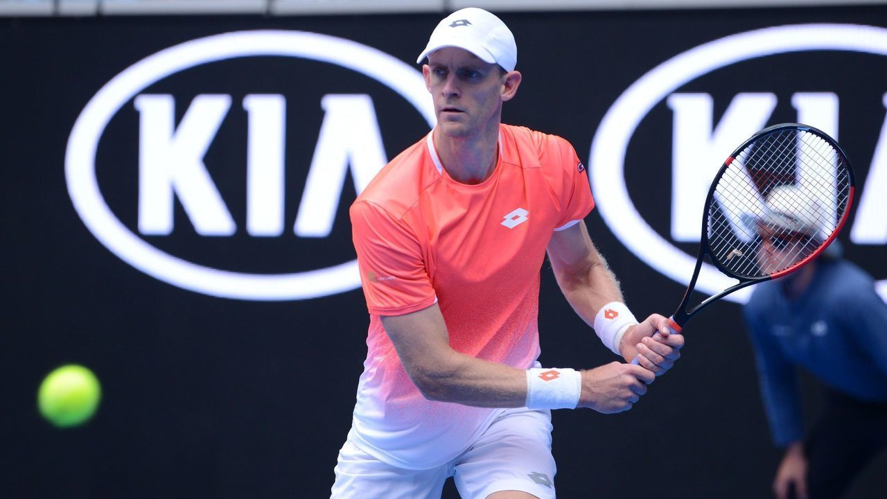 MELBOURNE, AUSTRALIA - JANUARY 16: Kevin Anderson of South Africa in action against Frances Tiafoe (not seen) of USA during Australian Open 2019 Men's Singles match in Melbourne, Australia on January 16, 2019. Tiafoe won the match with 3-1.