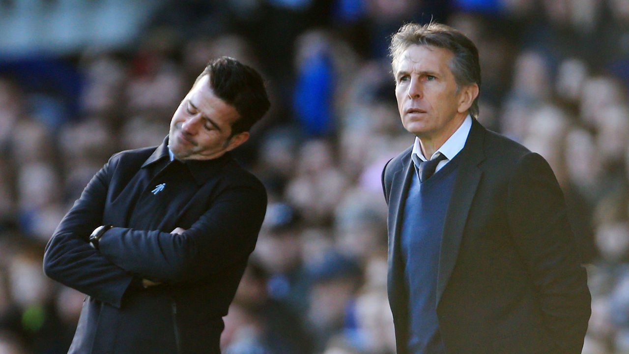 LIVERPOOL, ENGLAND - JANUARY 01: Everton manager Marco Silva (L) looks dejected alongside Leicester manager Claude Puel during the Premier League match between Everton and Leicester City at Goodison Park on January 1, 2019 in Liverpool, United Kingdom.