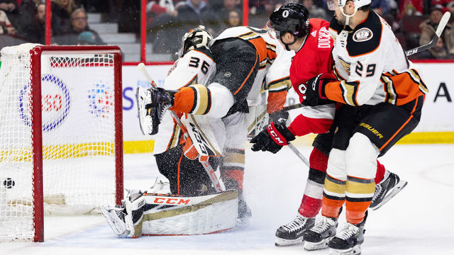 OTTAWA, ON - FEBRUARY 07: Anaheim Ducks Goalie John Gibson (36) and Anaheim Ducks Defenceman Jaycob Megna (43) collide resulting in a goal during second period National Hockey League action between the Anaheim Ducks and Ottawa Senators on February 7, 2019, at Canadian Tire Centre in Ottawa, ON, Canada.