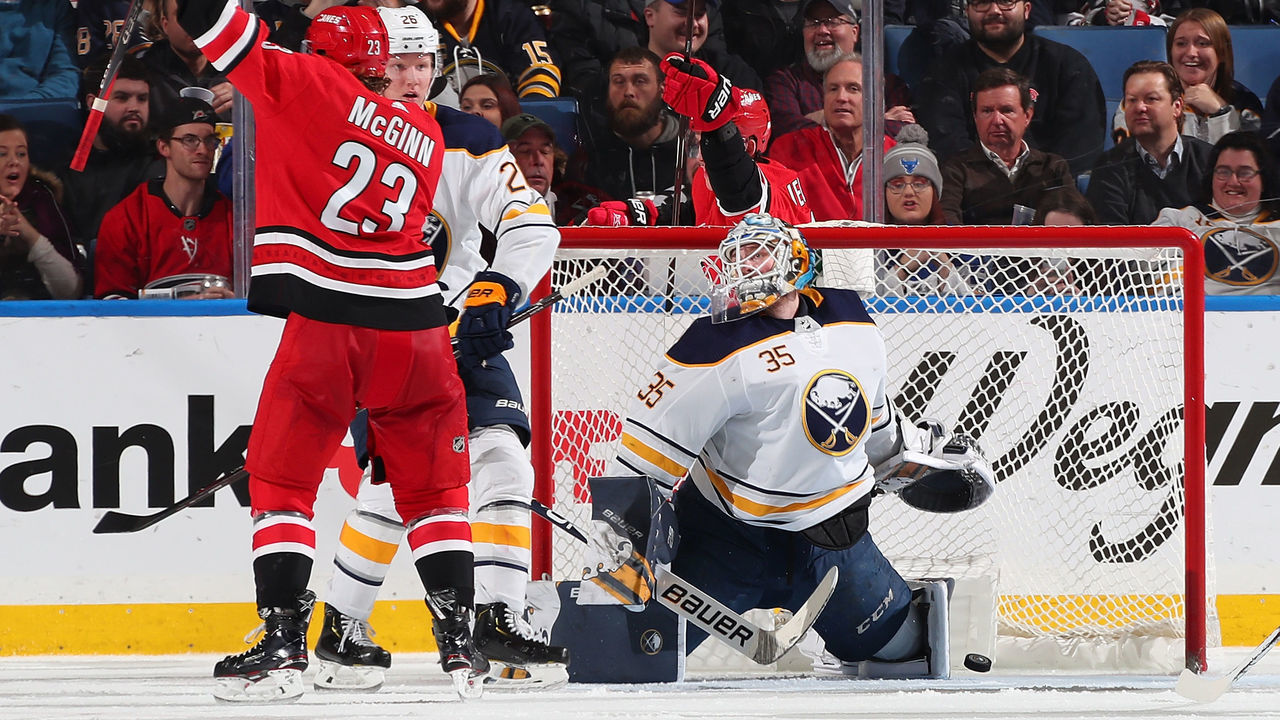 BUFFALO, NY - FEBRUARY 7: Brock McGinn #23 of the Carolina Hurricanes scores a goal during the third period of an NHL game against the Buffalo Sabres on February 7, 2019 at KeyBank Center in Buffalo, New York.