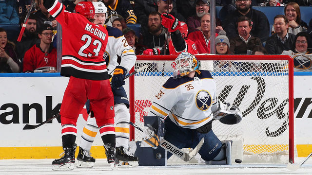 BUFFALO, NY - FEBRUARY 7: Brock McGinn #23 of the Carolina Hurricanes scores a goal during the third period of an NHL game against the Buffalo Sabres on February 7, 2019 at KeyBank Center in Buffalo, New York.