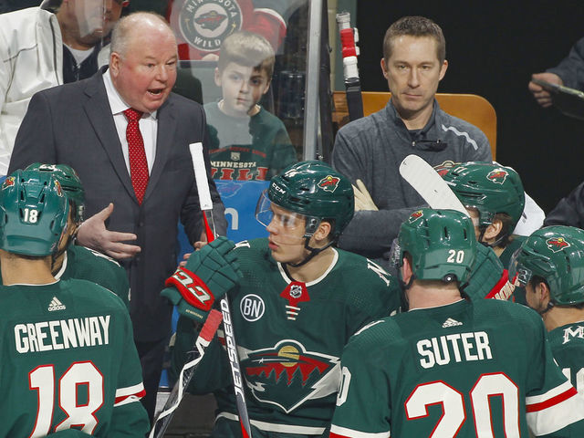 ST. PAUL, MN - JANUARY 17: Bruce Boudreau of the Minnesota Wild talks to his players during a game with the Anaheim Ducks at Xcel Energy Center on January 17, 2018 in St. Paul, Minnesota.