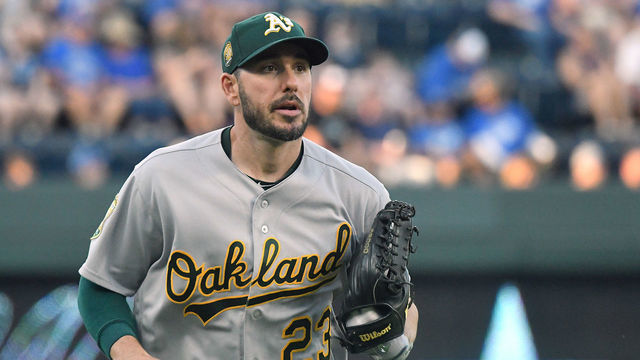 KANSAS CITY, MO - JUNE 01: Oakland Athletics left fielder Matt Joyce (23) comes off of the field between innings during a Major League Baseball game between the Oakland Athletics and the Kansas City Royals on June 01, 2018, at Kauffman Stadium, Kansas City, MO. The Athletics won, 16-0.