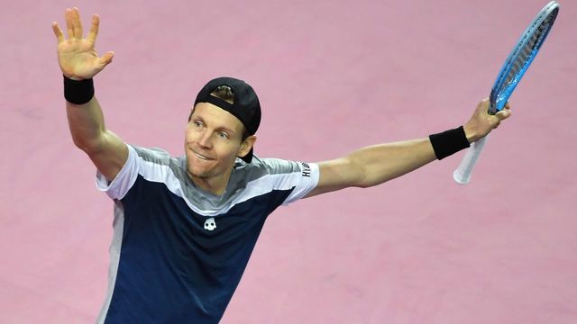 Czech Republic's Tomas Berdych celebrates after winning against Serbia's Filip Krajinovic during their ATP World Tour Open Sud de France tennis match in Montpellier, southern France, on February 8, 2019. - Berdych won the match in three sets, 7-6, 6-7, 7-5.